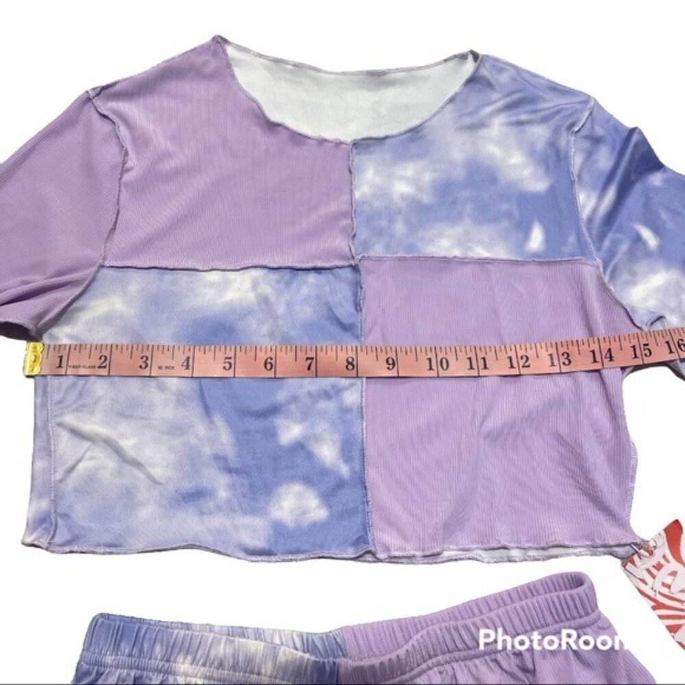 ROMWE Lavender Tie Dye Pajama Short & Longsleeve Crop Top Size Small & Cotton - Picture 5 of 12